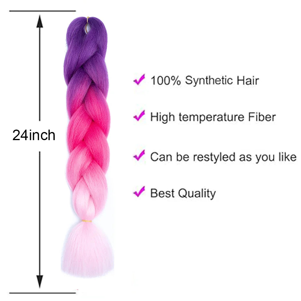 3 Packs 24 Inch Rainbow Braiding Hair Extensions – Ombre Synthetic Jumbo Braid Hair for Crochet Braids (Rose Red)