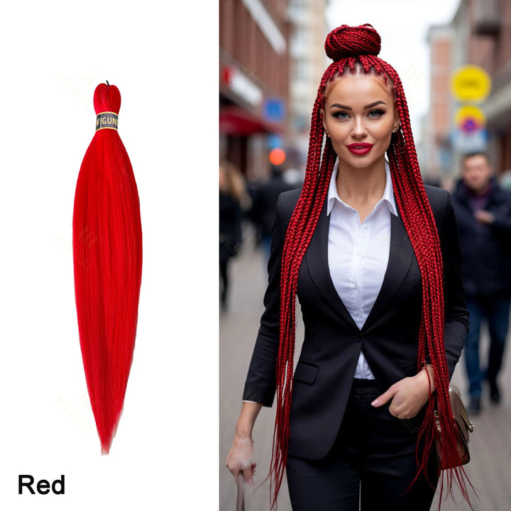 Red hair extensionon a white background, next to a woman with red braided hair in an urban setting.