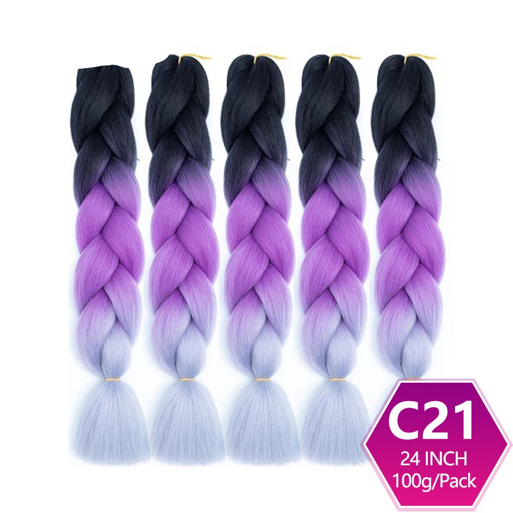 Five braided hair extensions with a gradient of black to purple to blue, 