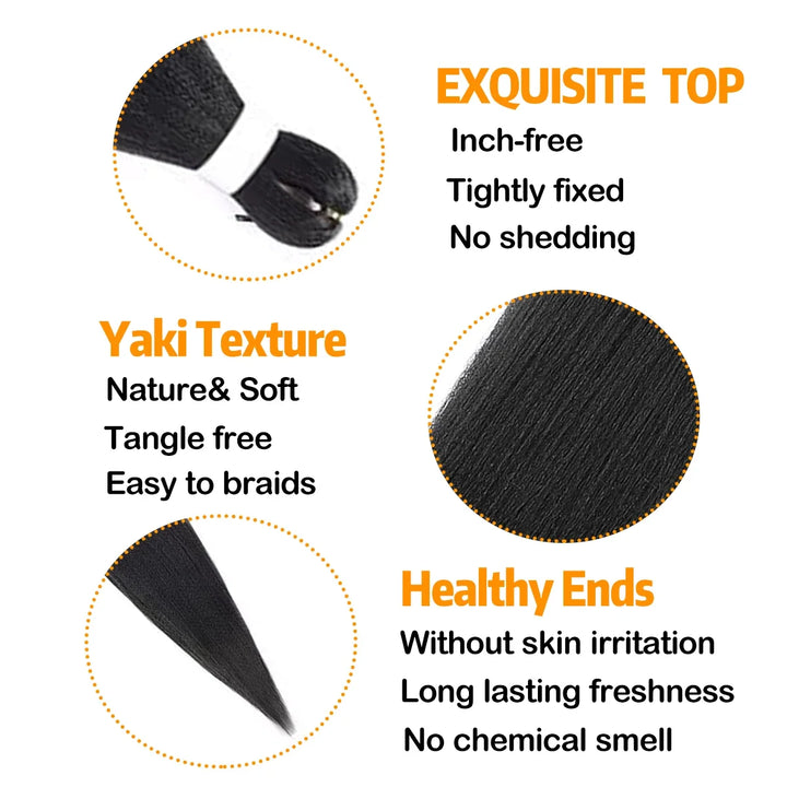 Hair product features with text on a white background