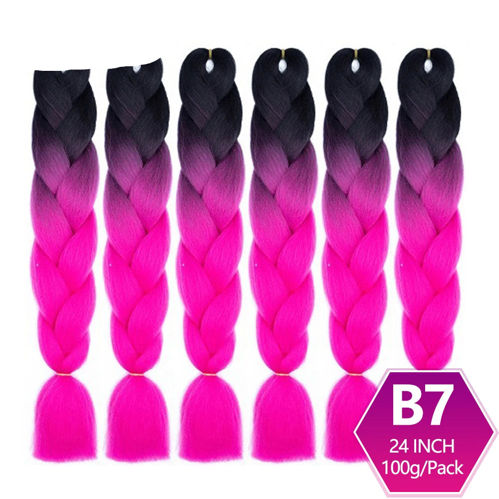 Set of six braided hair extensions with black and pink ombre color