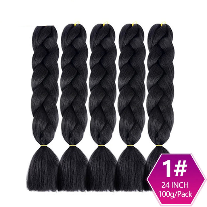 Five packs of black braided hair extensions with on a white background.