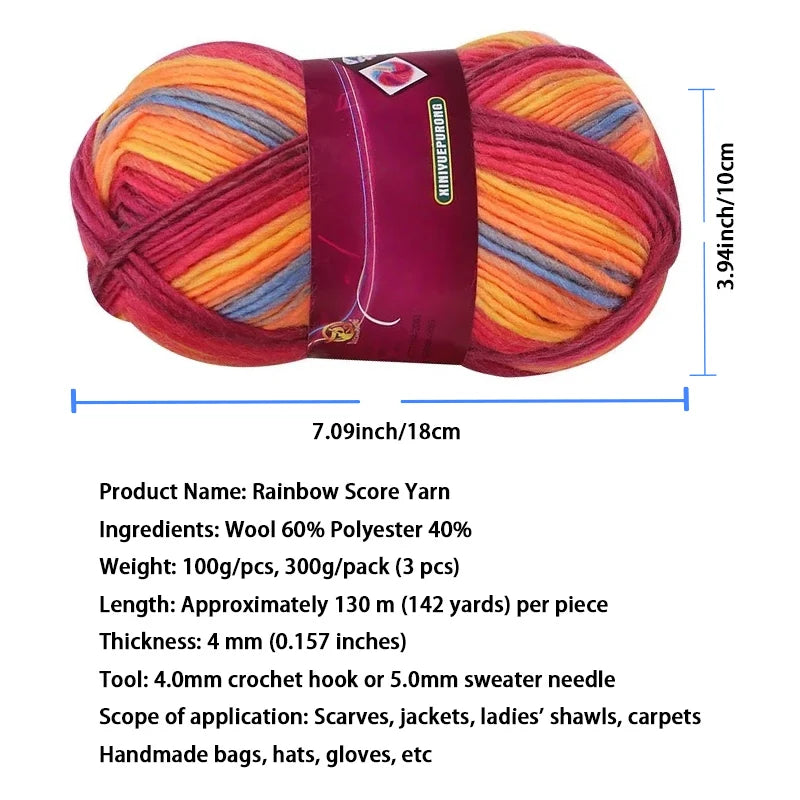 300g Gradient Long-Section Dyed Wool Yarn Set (3 Pieces) – Soft Hand-Knitting Yarn for Sweaters, Shawls, Hats & Scarves