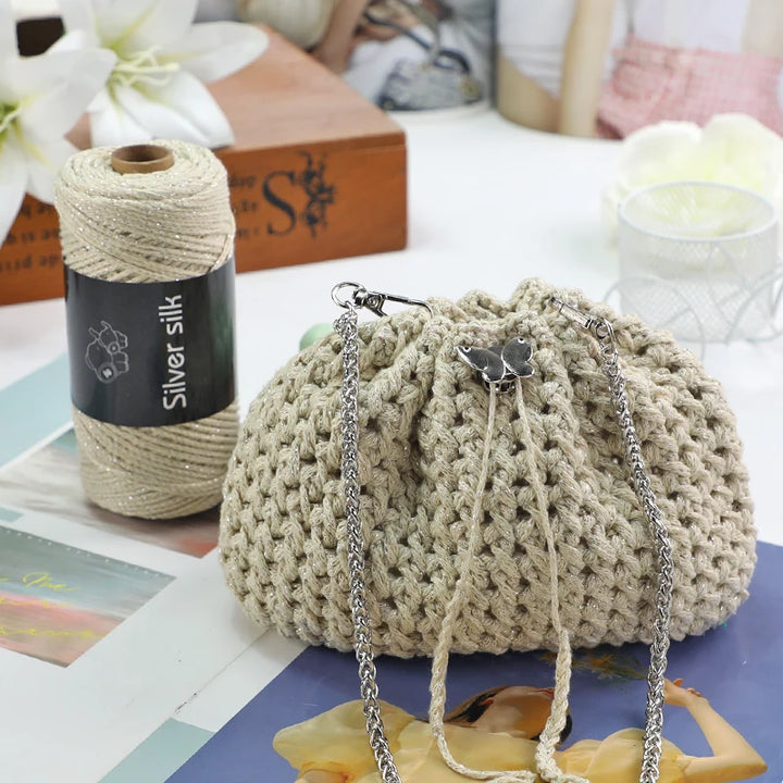 300g Shiny Silver Silk Hollow Yarn – Polyester Crochet Yarn for Bags, Hats, Shoes & DIY Crafts