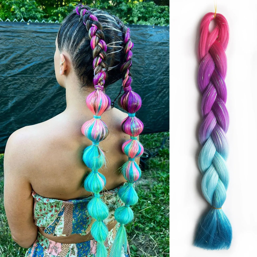 Purple, Pink & White 3-Tone Ombre Braiding Hair – Straight Jumbo Braids with Tinsel, Festival & Rave Hair Extensions for Girls (Crazy Hair Day)