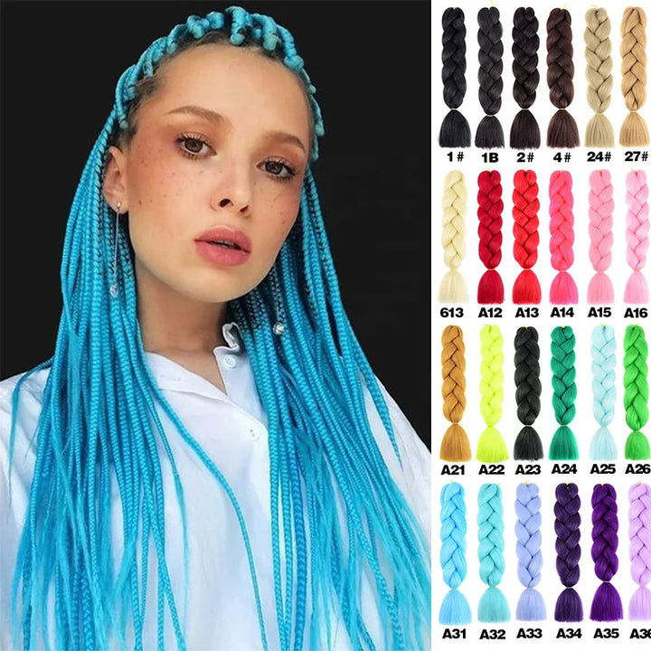 Woman with blue braided hair and color chart on the side