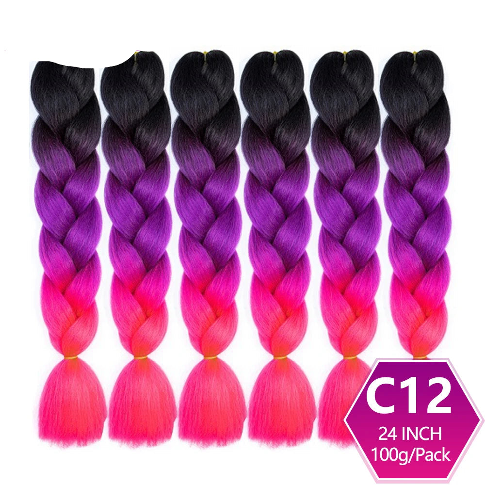 Set of braided hair extensions with ombre color transition from black to purple to pink