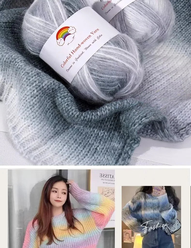 Gray yarn ball with a label on top of a knitted item, with a smaller inset showing a person wearing a colorful sweater.