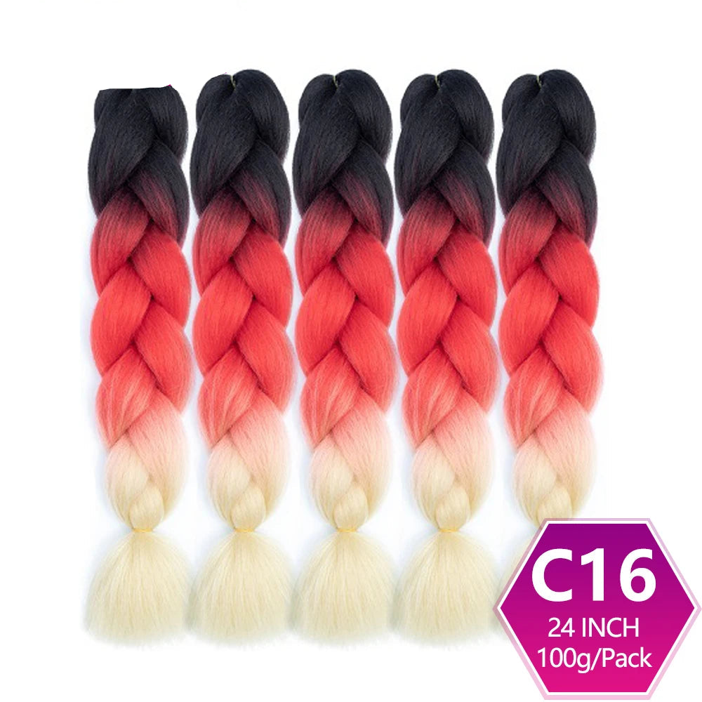 Set of braided hair extensions with black, red, and beige color gradient on a white background