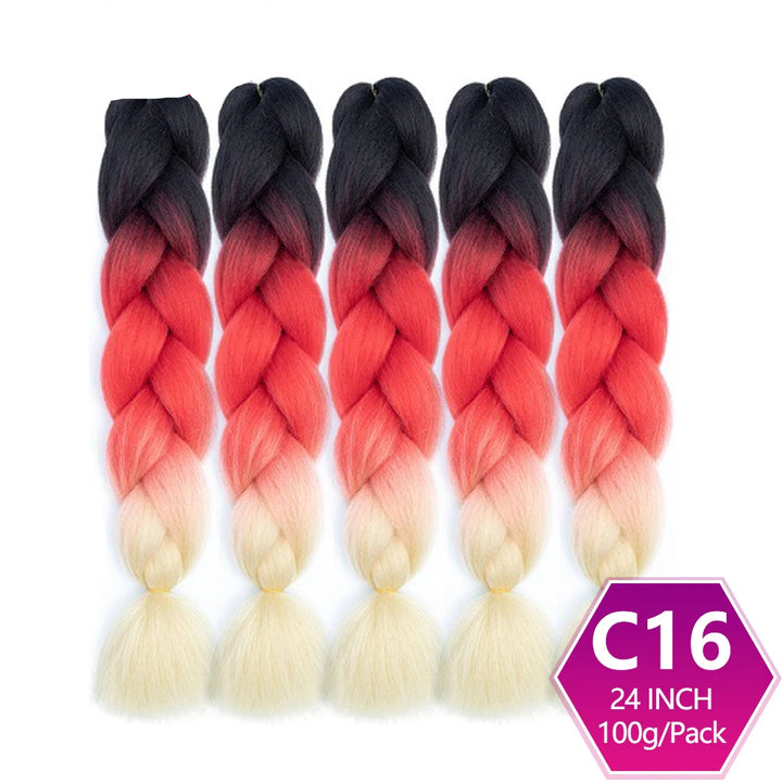 Set of braided hair extensions with black, red, and beige color gradient on a white background