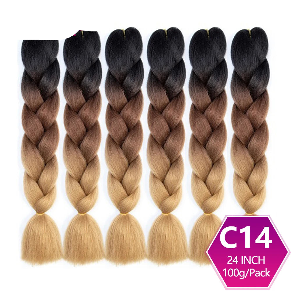 Set of braided hair extensions with ombre color transition from black to blonde