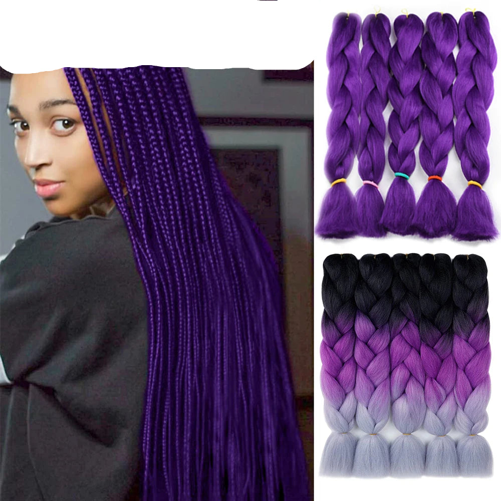 Purple hair extensions with a woman wearing them, and close-up images of the hair extensions.