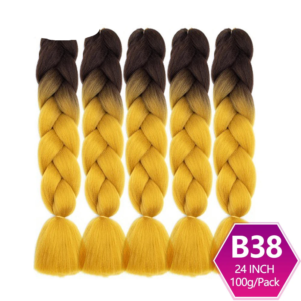 Five braided hair extensions with brown to yellow gradient on a white background