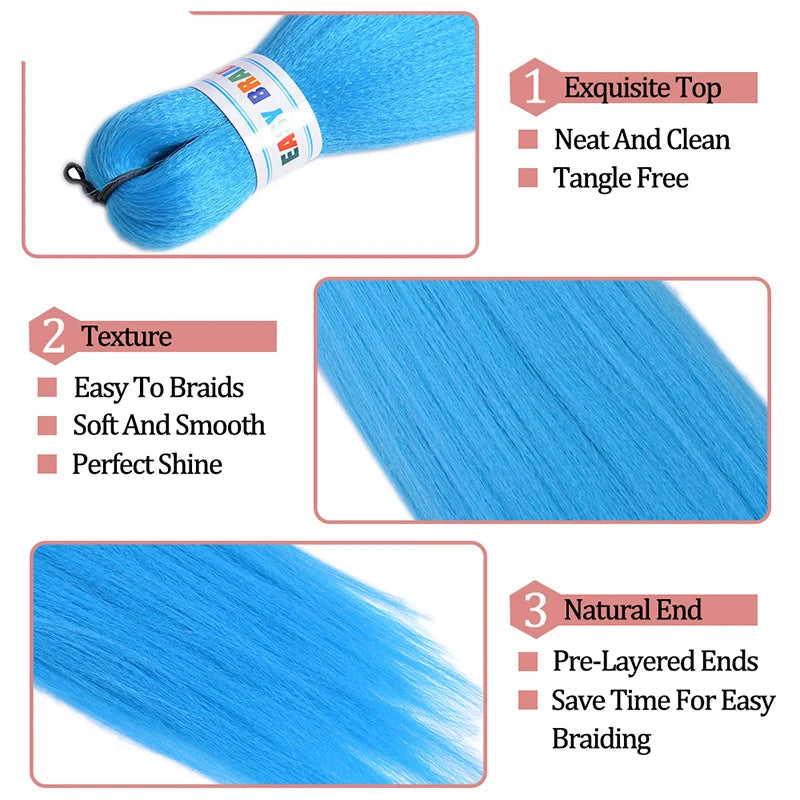 Blue hair extensions with features highlighted on a white background