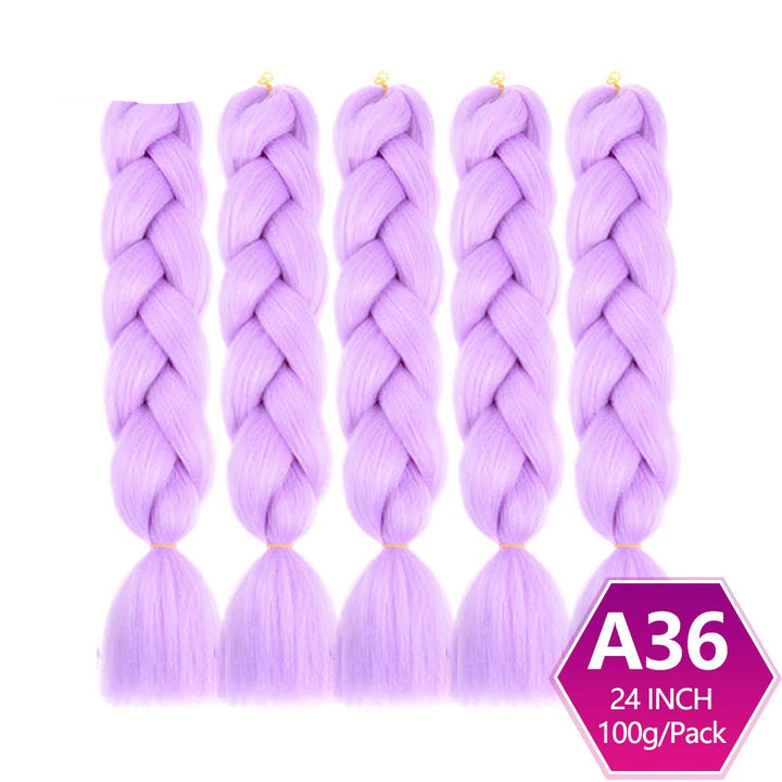 Five braided purple hair extensions with  on a white background.
