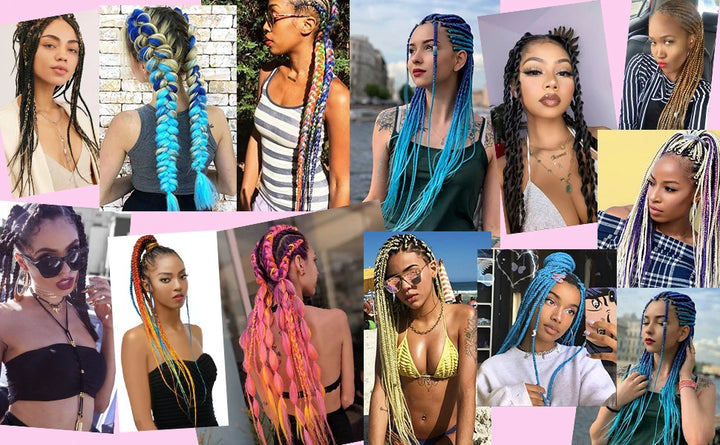 Collage of women with colorful braided hairstyles on a pink background