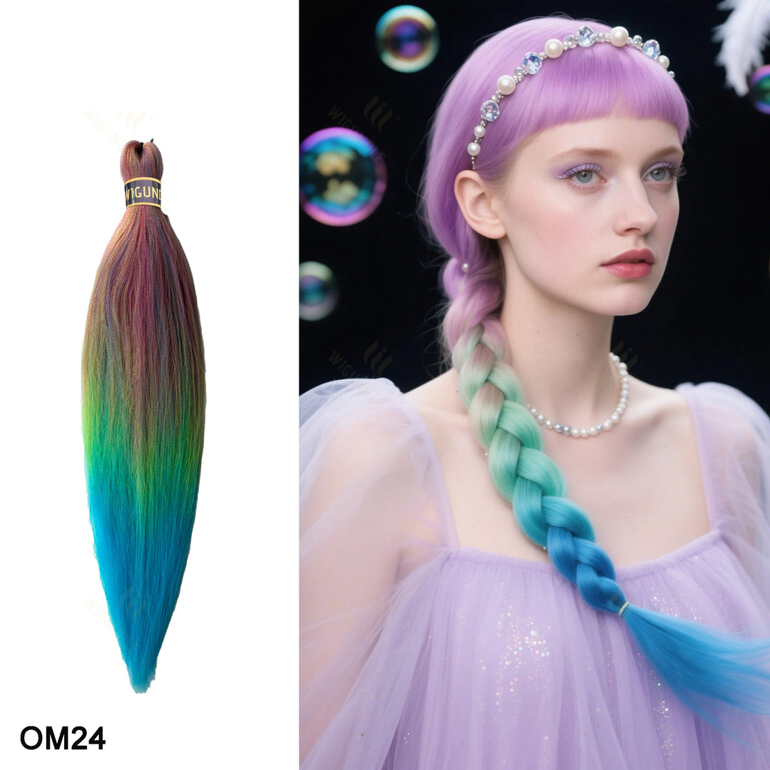 Colorful hair extensions with a model wearing them