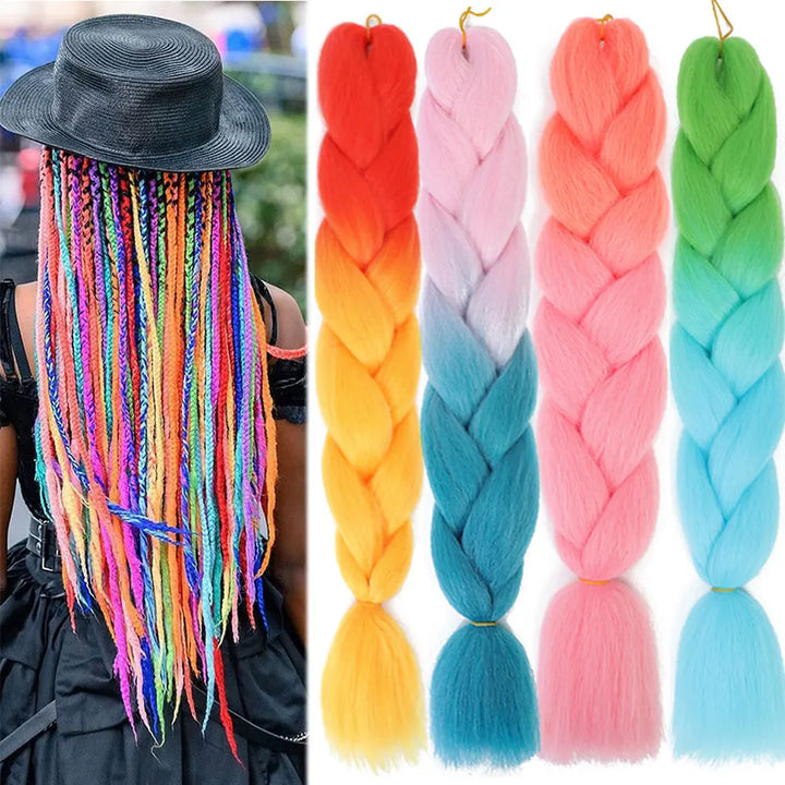 Colorful braided hair extensions with a person wearing a black hat and colorful braids.