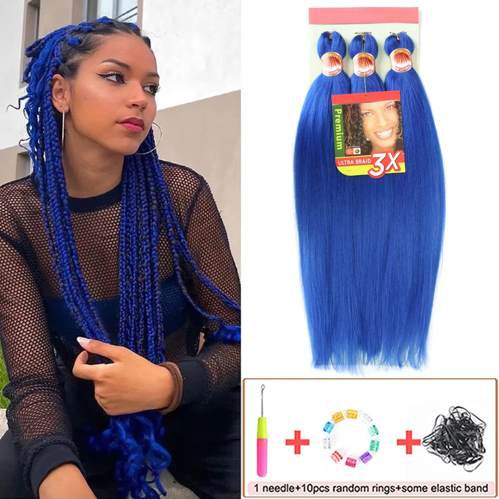Woman with blue braided hair and a package of blue hair extensions with accessories.