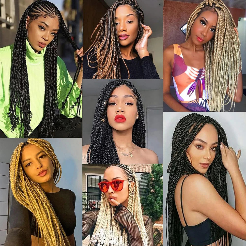 Collage of women with styled braids in various colors and lengths.