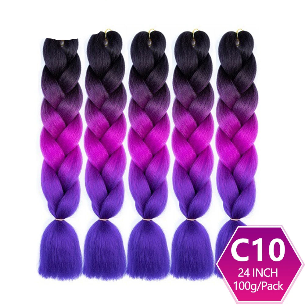 Purple and pink braided hair extensions with on a white background.