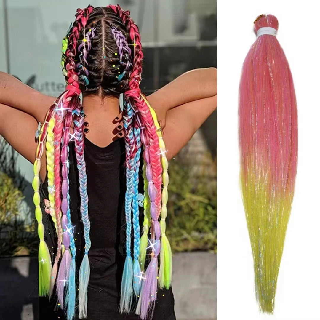 Colored Ombre Braiding Hair – Yaki Straight Jumbo Braids with Tinsel, Festival & Rave Hair Extensions for Girls (Crazy Hair Day)