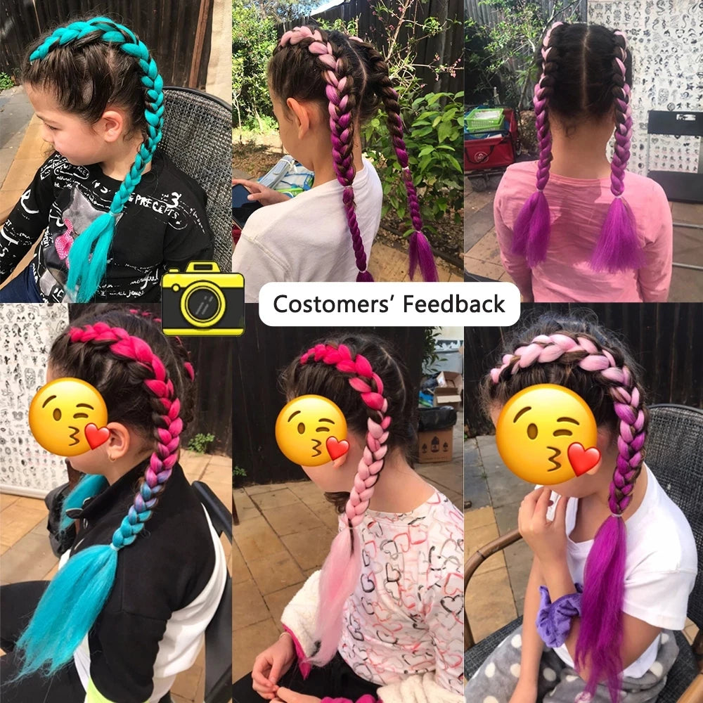 Collage of children with braided hairstyles in various colors, with 'Customers' Feedback' text overlay.