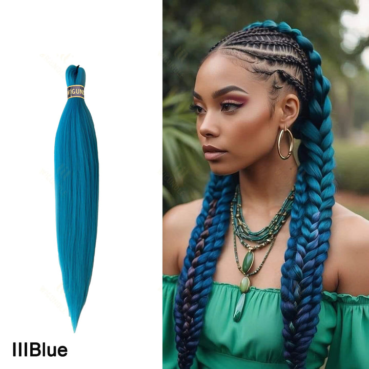Blue hair extension with a model wearing it outdoors