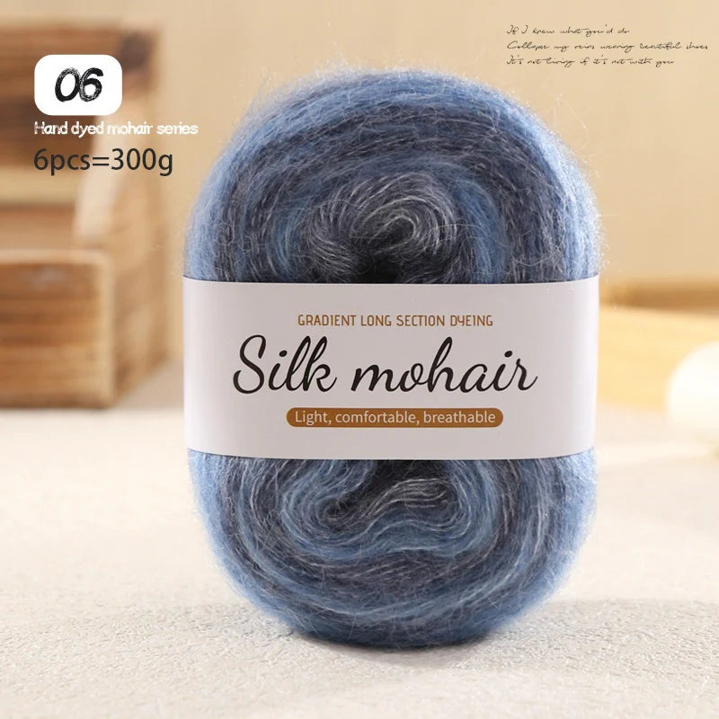 300g Rainbow Gradient Silk Mohair Yarn – Section Dyed Knitting Yarn (6 Pieces/Bag)