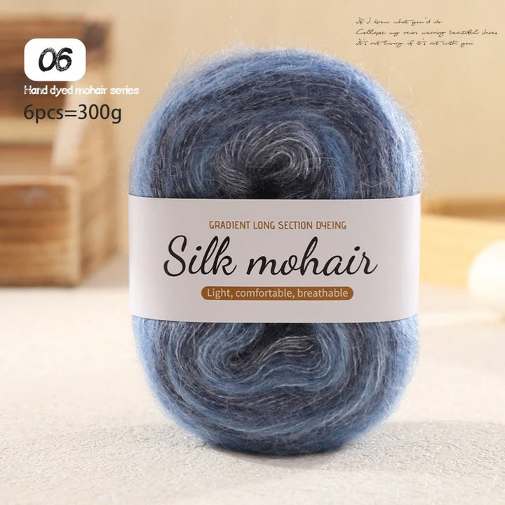 300g Rainbow Gradient Silk Mohair Yarn – Section Dyed Knitting Yarn (6 Pieces/Bag)