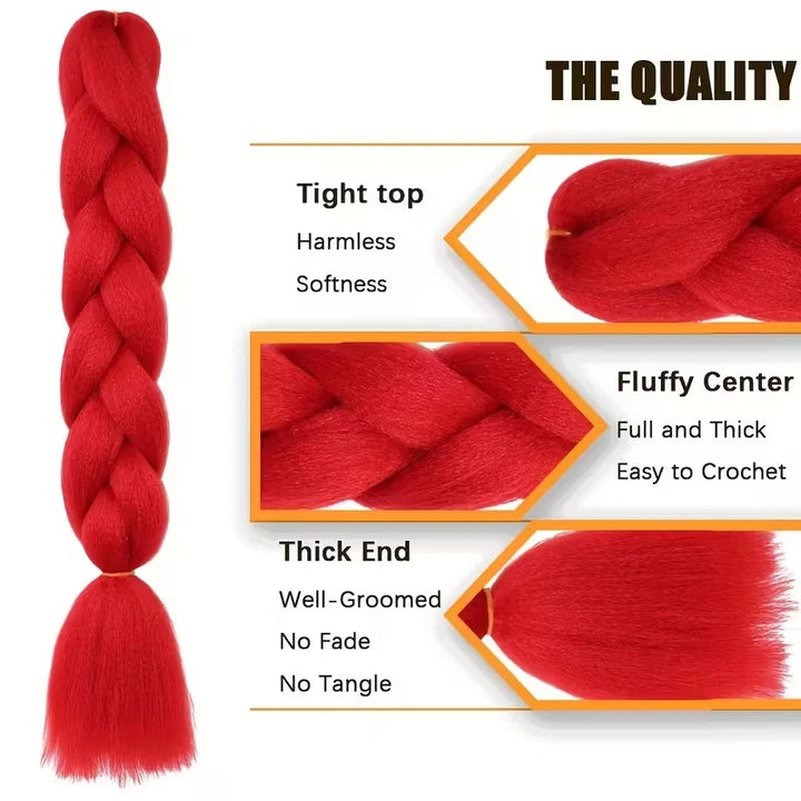 Red braided hair extension with quality features highlighted on a white background