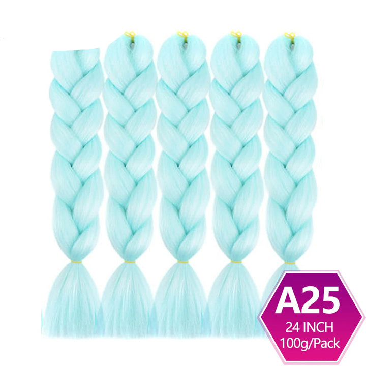 Five braided hair extensions in light blue color with  on a white background.