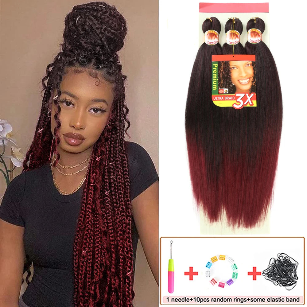 Woman with styled hair and a package of hair extensions with accessories.