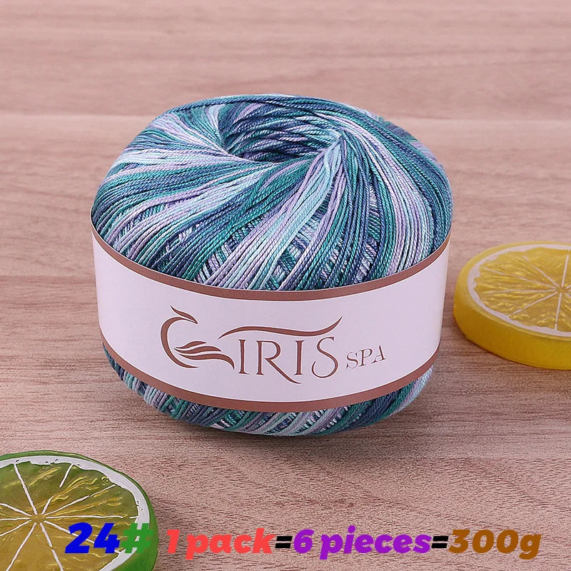 300g No.6 Mercerized Cotton Lace Yarn (6 Pieces) – Gradient Dyed Crochet Yarn for Shawls, Summer Sweaters & Knitwear