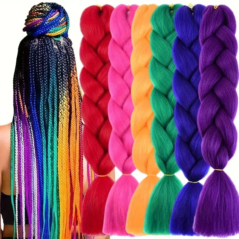 Colorful braided hair extensions in various vibrant colors.
