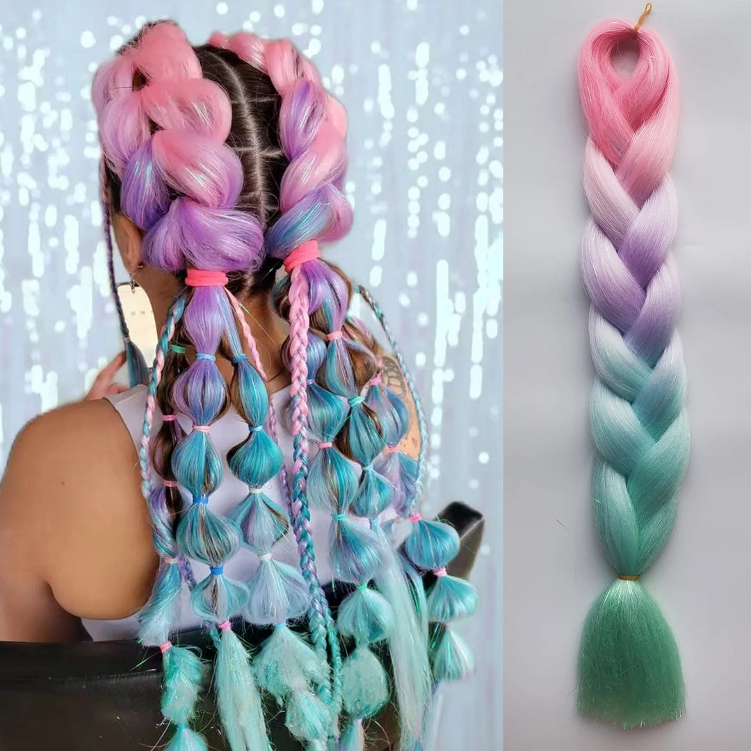Purple, Pink & White 3-Tone Ombre Braiding Hair – Straight Jumbo Braids with Tinsel, Festival & Rave Hair Extensions for Girls (Crazy Hair Day)