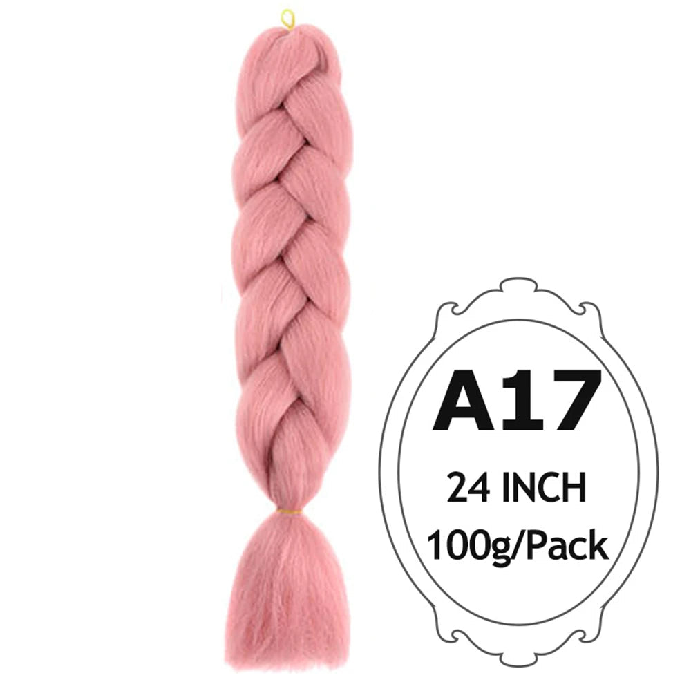 24" Pink Jumbo Braiding Hair – Yaki Texture Synthetic Bulk Extensions (Purple/Red/Green Options)