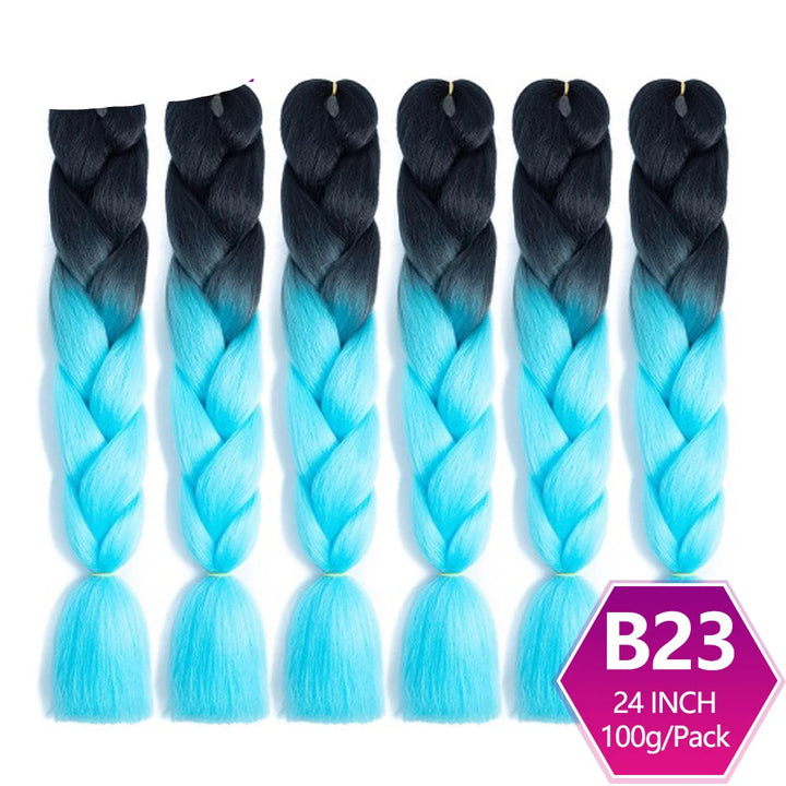 Five braided hair extensions with black and blue ombre color on a white background