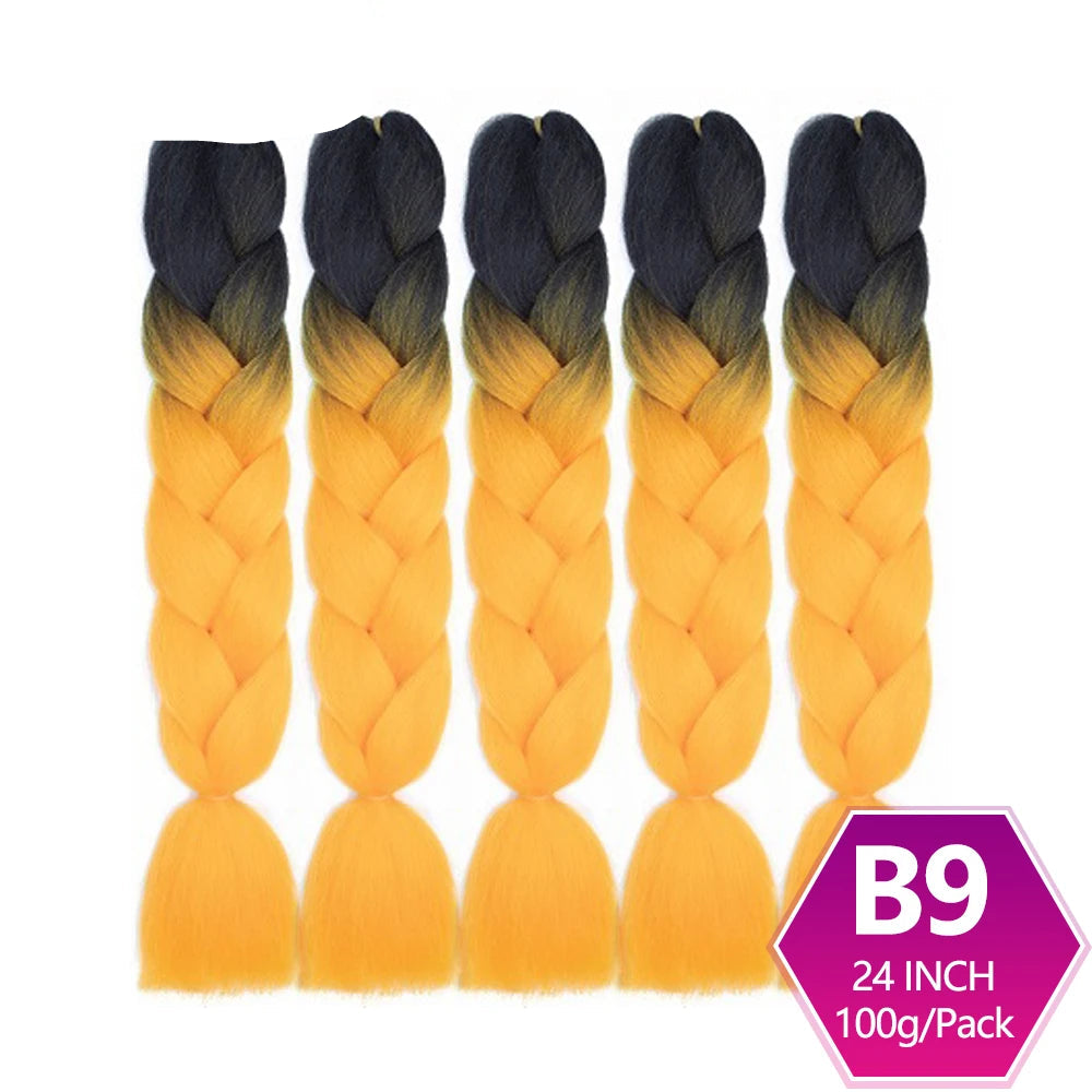 Five braided hair extensions with black to yellow gradient on a white background