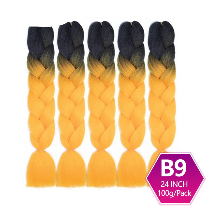 Five braided hair extensions with black to yellow gradient on a white background