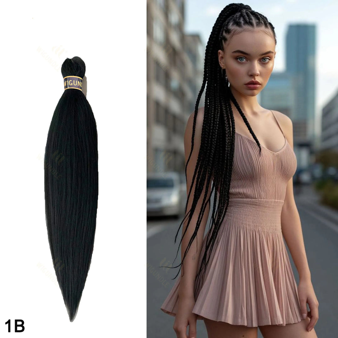 Hair extension with Wigungle branding on a white background, next to a woman with braided hair in an urban setting.