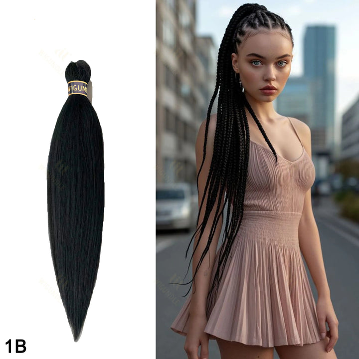 Hair extension with Wigungle branding on a white background, next to a woman with braided hair in an urban setting.