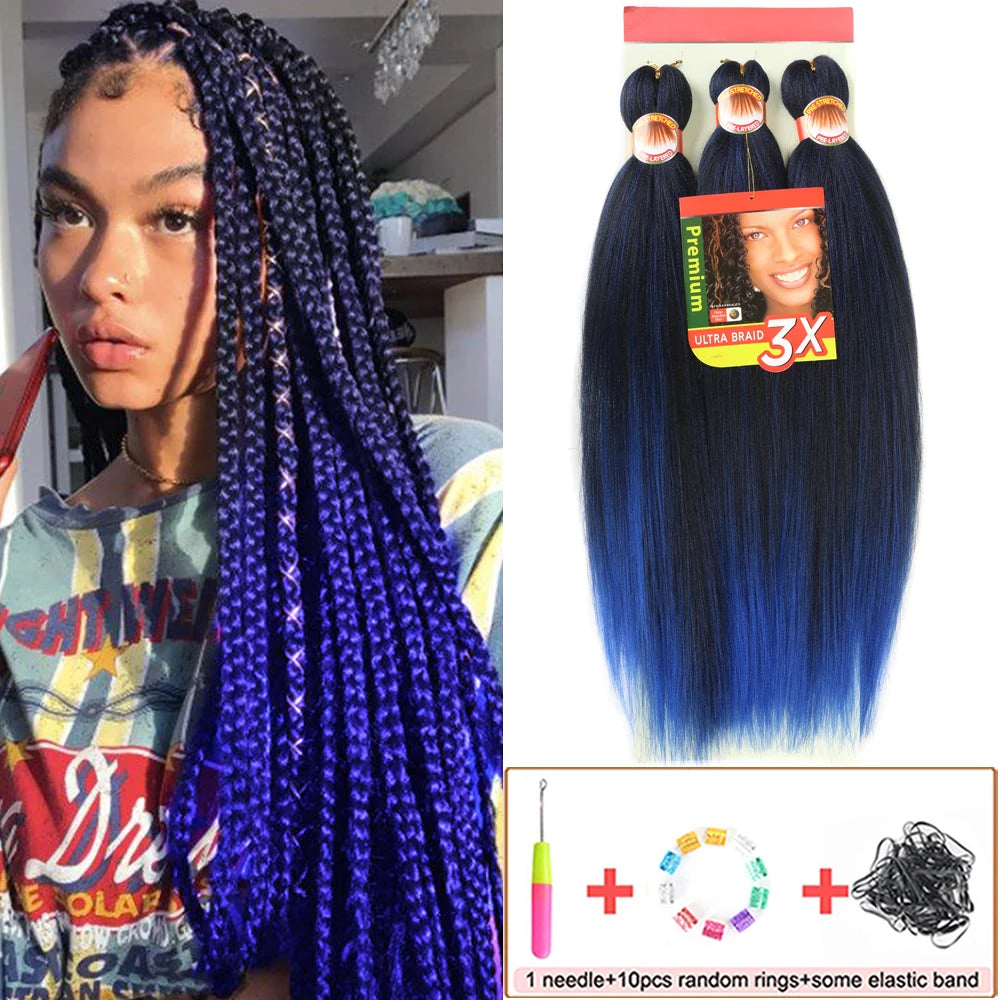 Woman with blue braided hair and a package of blue hair extensions.