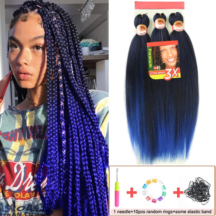 Woman with blue braided hair and a package of blue hair extensions.