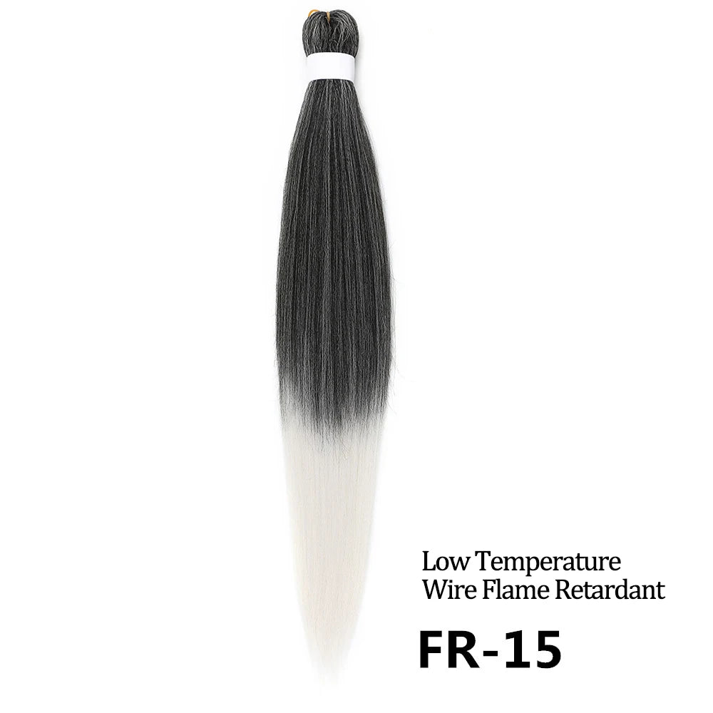 Hair extension with black to white gradient on a white background, labeled 'Low Temperature Wire Flame Retardant FR-15'.