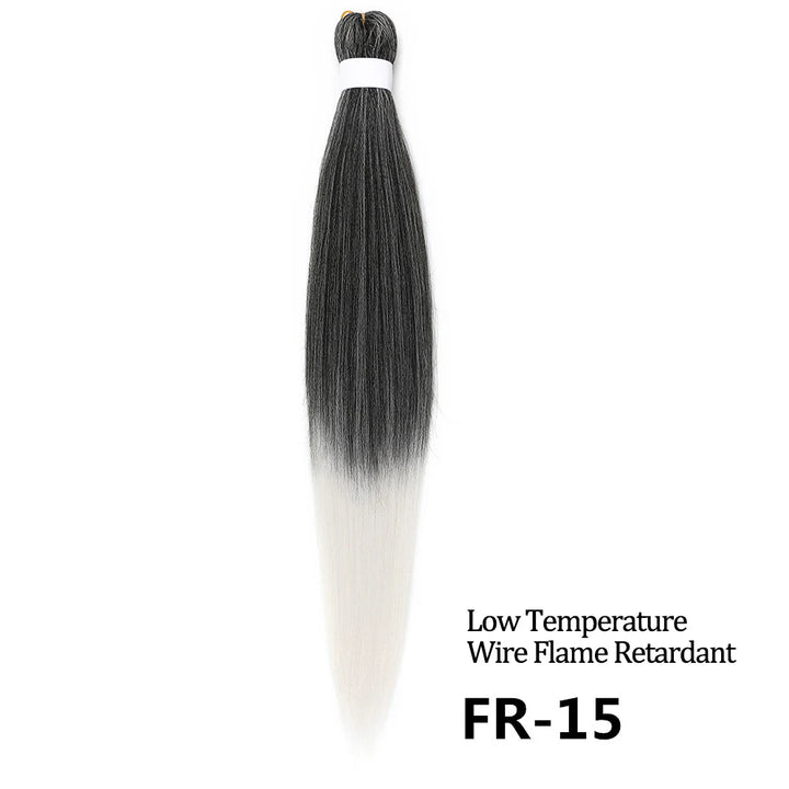 Hair extension with black to white gradient on a white background, labeled 'Low Temperature Wire Flame Retardant FR-15'.