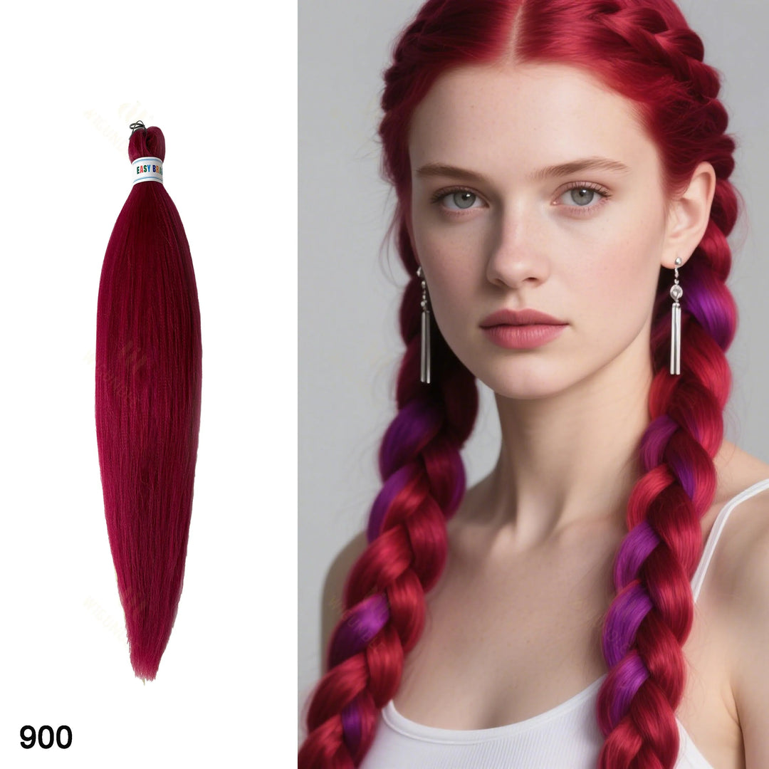 Woman with red hair styled in braids next to a bundle of red hair extensions on a white background.