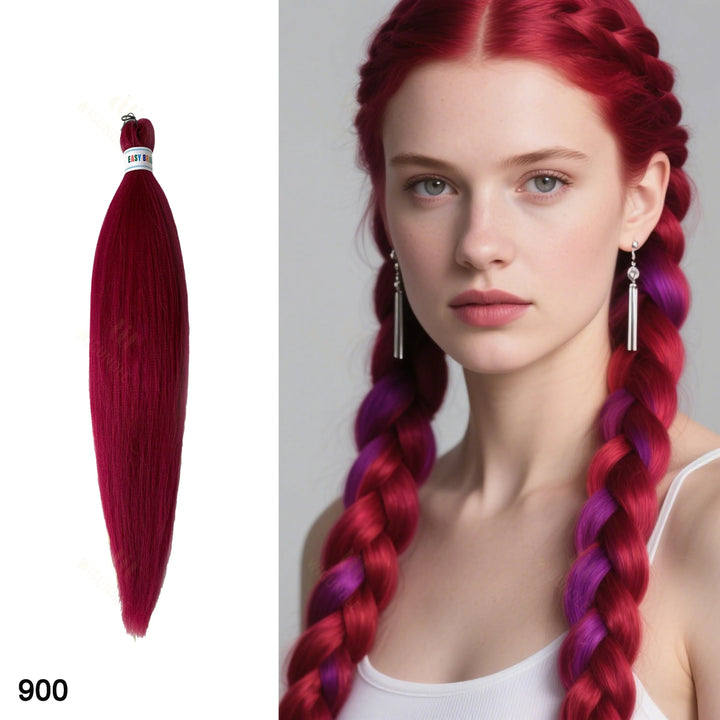 Woman with red hair styled in braids next to a bundle of red hair extensions on a white background.