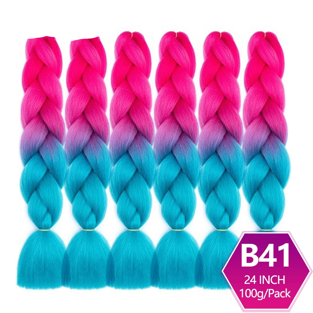 Five braided hair extensions with pink to blue gradient in front of a white background