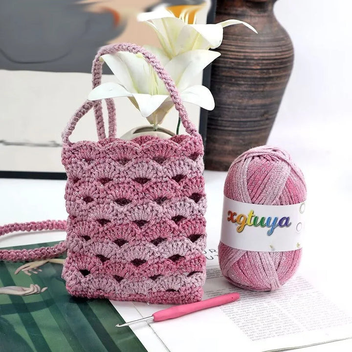 Shiny Gradient Hollow Yarn – Colorful Knitting Yarn for Handmade Accessories, Bags & DIY Crafts